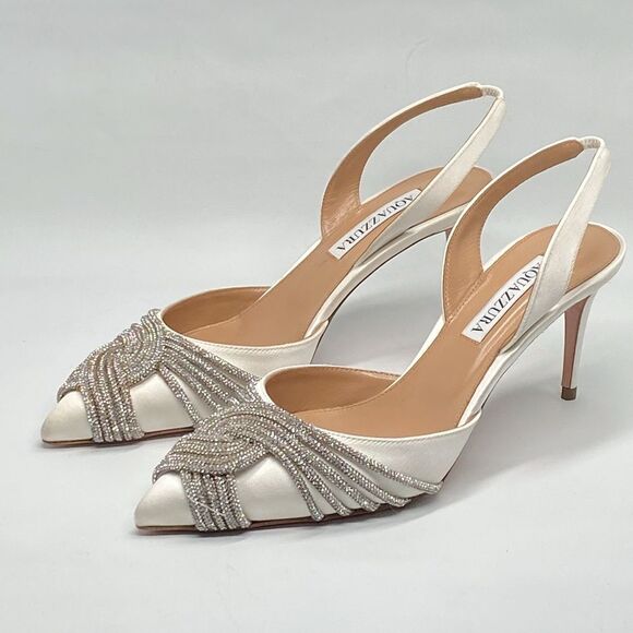 Aquazzura Gatsby 75 Crystal-Embellished Satin Pumps size 37 - Picture 7 of 16